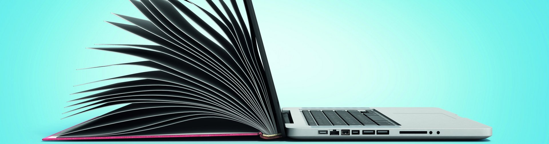 g.a.s.t.-Corporate Design | iStock Buch-Laptop-Collage auf türkisem Hintergrund