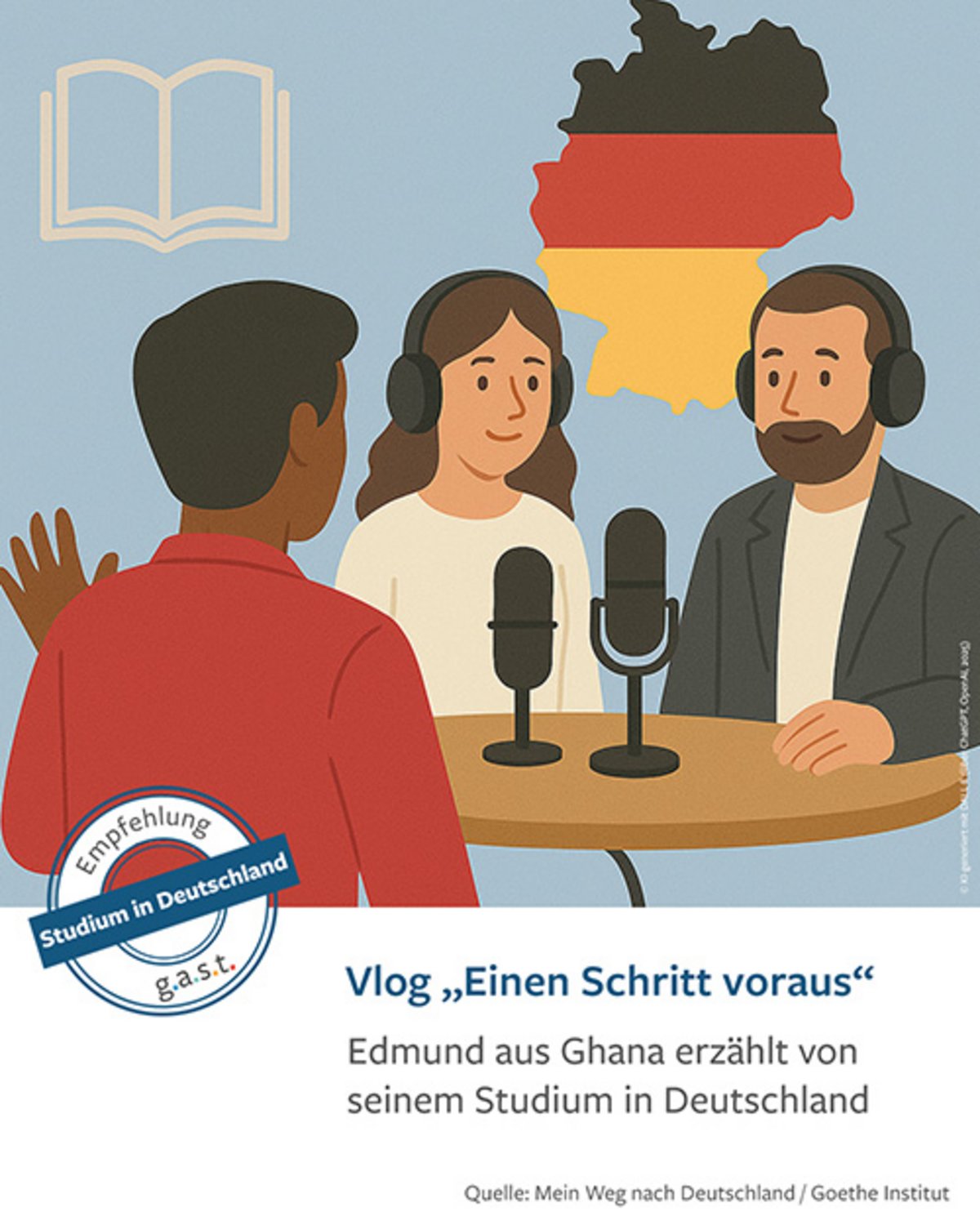 Grafik, die drei Personen im Gespräch darstellt; im Hintergrund sind die Umrisse einer Deutschlandkarte in Flaggenfarben sowie ein Icon eines aufgeschlagenen Buchs zu sehen