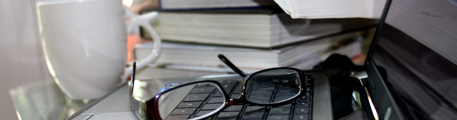 Blick auf einen Arbeitsplatz mit Büchern und PC