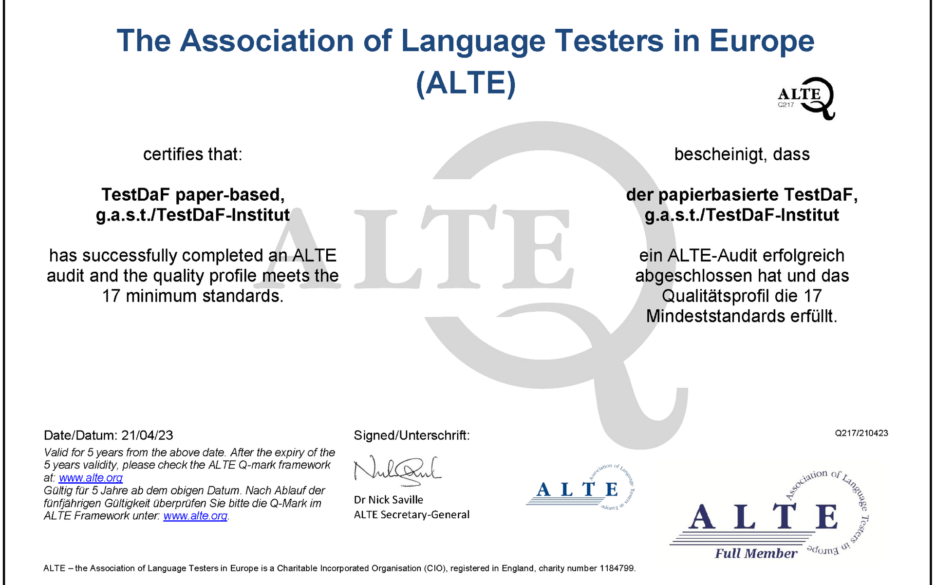ALTE-Q-Mark für den papierbasierten TestDaF ALTE-Q-Mark für den papierbasierten TestDaF