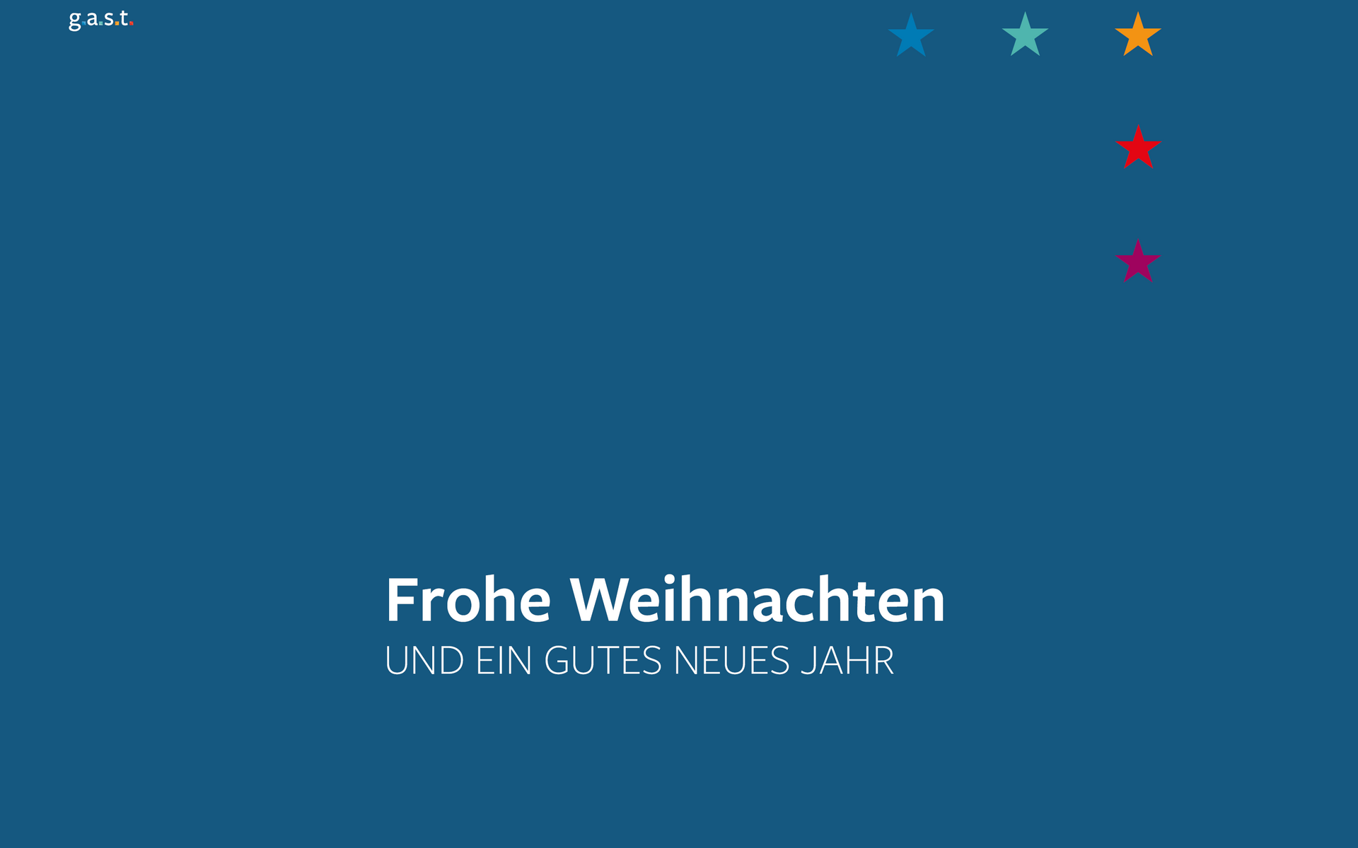 Auf blauem Hintergrund steht Zitat: Frohe Weihnachten und ein gutes neues Jahr. Fünf Sterne in den Produktfarben sind in der rechten oberen Ecke platziert.