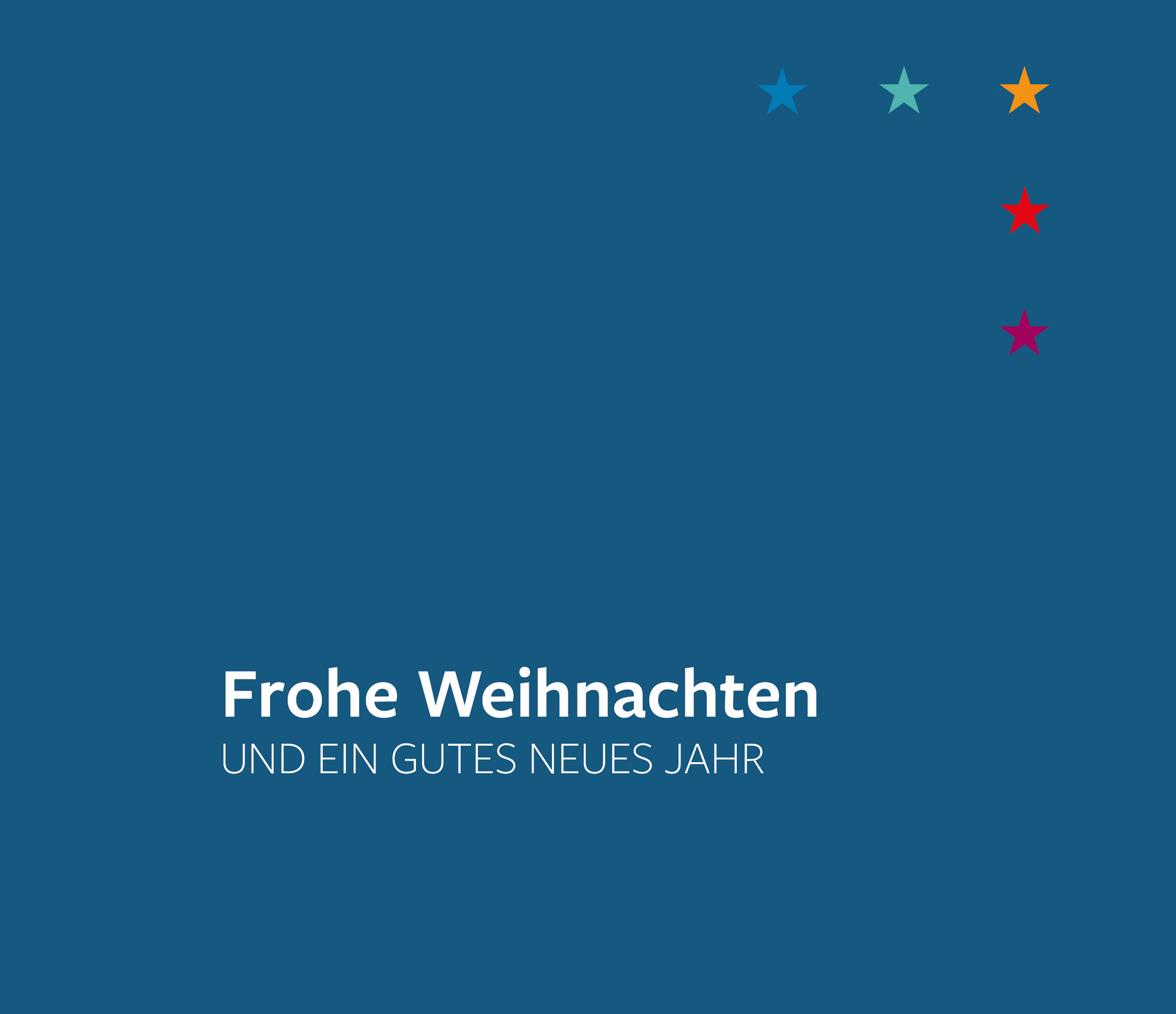 Auf blauem Hintergrund steht Zitat: Frohe Weihnachten und ein gutes neues Jahr. Fünf Sterne in den Produktfarben sind in der rechten oberen Ecke platziert.