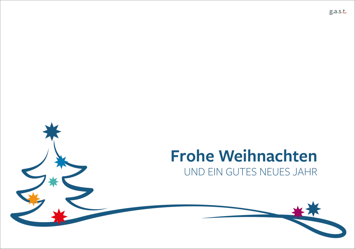Weihnachtskarte mit Tannenbaum mit unten Sternen und Schriftzug Frohe Weihnachten und ein gutes neues Jahr von g.a.s.t.