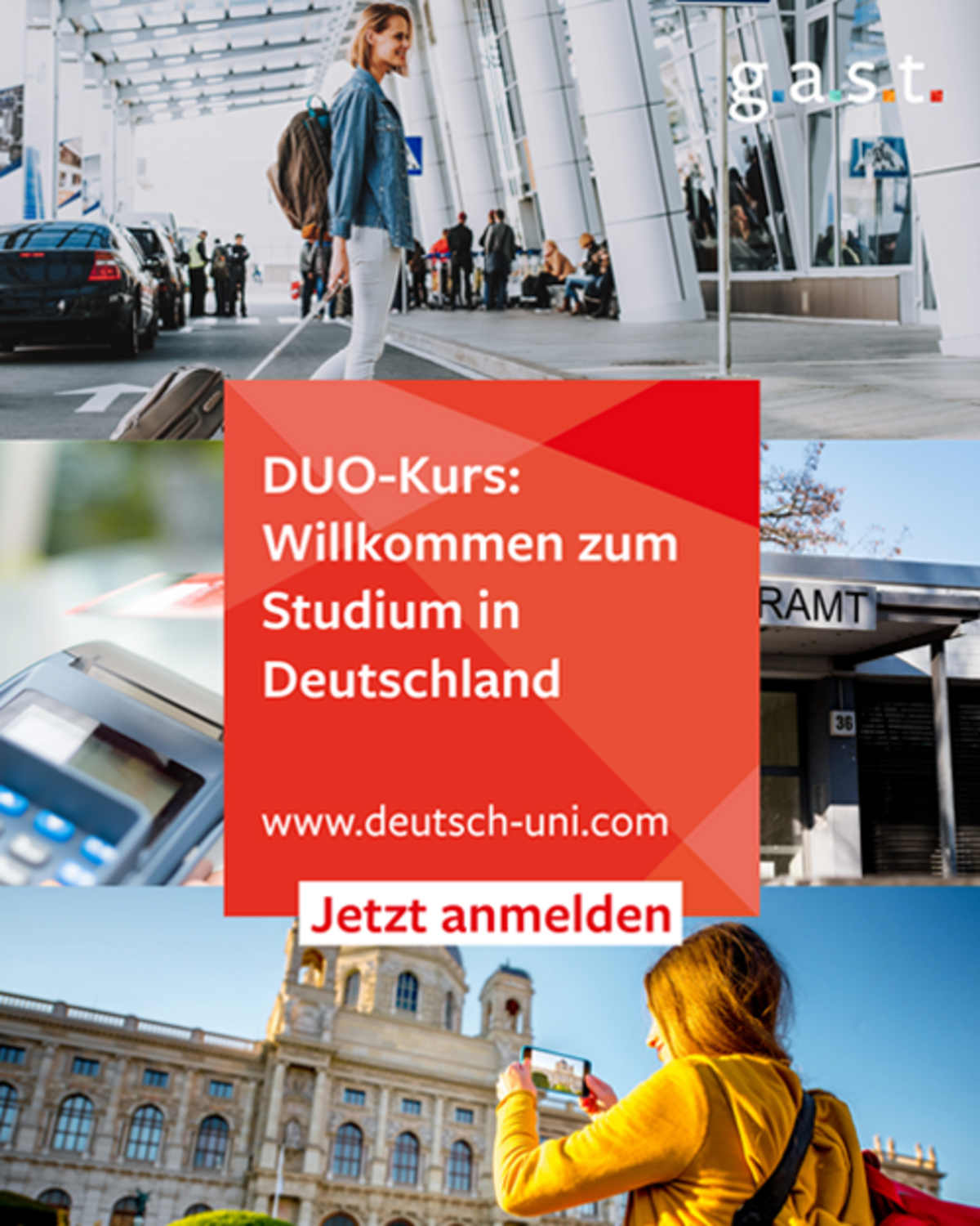 Eine Collage aus verschiedenen Motiven des Ankommens: Junge Frau mit Gepäck vor einem Flughafen, junge Frau fotografiert ein historisches Gebäude