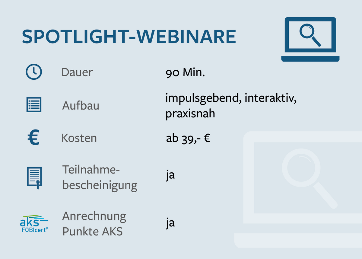 Die Grafik zeigt die Key-Facts des Spotlight-Webinars: Dauer, Aufbau, Kosten, Teilnehmebescheinigung und Anrechnung von AKS-Fobicert-Punkten.