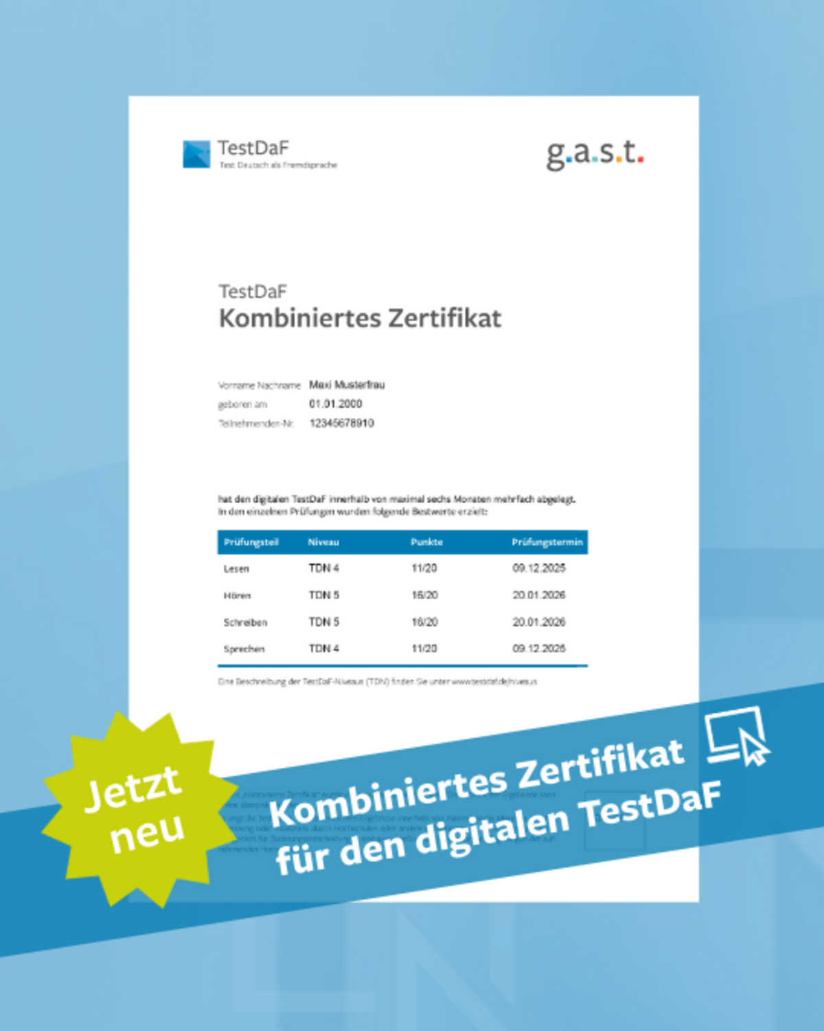 Eine Musteransicht des Kombinierten Zertifikats des digitalen TestDaF mit einem Banner, auf dem steht: Kombiniertes Zertifikat für den digitalen TestDaF.