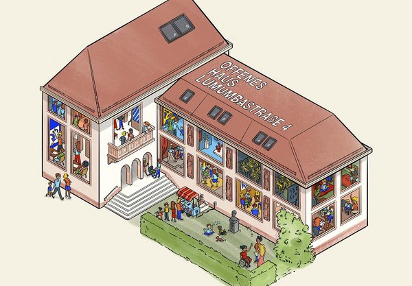 Begegnungstreffen "Offenes Haus" | Werkraum Media, Leipzig Illustration Offenes Haus Lumumbastraße, Leipzig